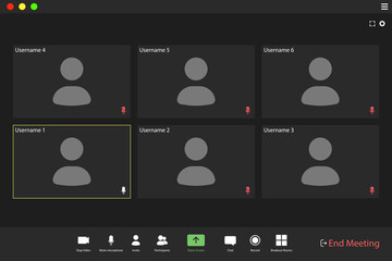 Video conference user interface. Video call screen interface template. Application for social communication. six users.