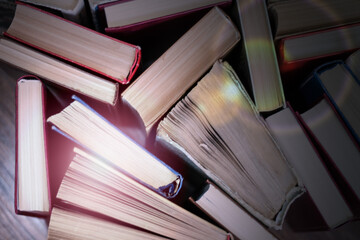 stack of old book, education concept background, many books piles with copy space for text.