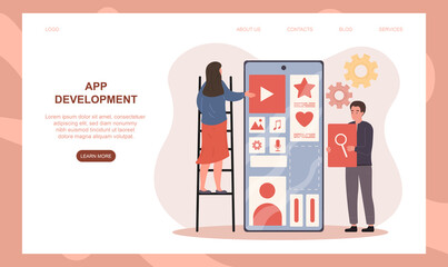 Wall Mural - male and female characters developing mobile application. man and woman with ladder designing app ic