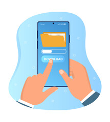 Wall Mural - hands holding smartphone with file downloading. digital folder file downloading wirelessly on phone 