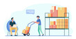 © PCH.Vector - Warehouse workers using laptop and carrying boxes on wheelbarrow. Box, parcel, cargo flat vector illustration. Storage, shipping, logistics concept for banner, website design or landing web page