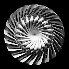 Wall Mural - 3d render of abstract art with surreal 3d machinery industrial surreal turbine engine, flower or wheel in spherical spiral twisted shape with fractal structure in white ceramic with metal parts