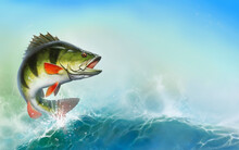Perch Fish Jumps Out Of Water Realistic Illustration. Big Perch Fishing In The Usa On A River Or Lake. Horizontal Background Mobile Version Of The Sea Wave Sunny Day Place For Text.