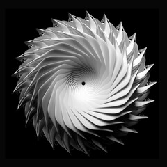 Wall Mural - 3d render of abstract black and white monochrome art with surreal 3d machinery industrial turbine aircraft jet engine or flower in spiral twisted shape with sharp fractal blades on black background