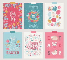 Easter Greeting Cards With Eggs, Berries, Bunny, Sheep, Hen, Leaves