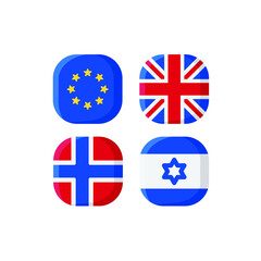 National Flag Square Icon Set with European Union, United Kingdom, Israel And Norway