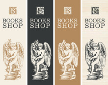 Set Of Banners For A Books Shop With The Initial Letter B, An Inscription And A Hand-drawn Angel Sitting On The Books. Vector Illustration In Retro Style, Suitable For Flyer, Label, Bookmark, Poster