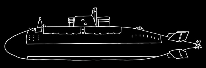 Submarine, hand drawing. Beautiful white contour of underwater vessel on black background. Vector illustration