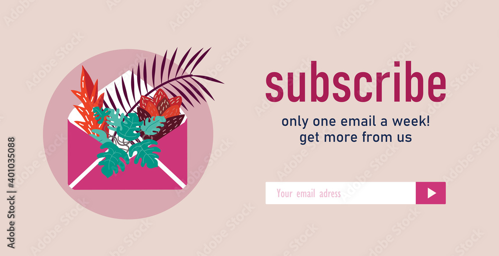 Subscription Envelope Newsletter design with home plants. Envelope with leaves vector ...