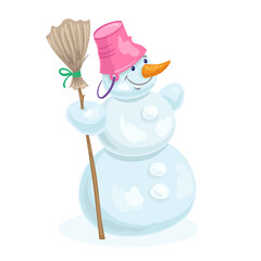 Canvas Print - Big funny snowman with a broom. In cartoon style. Isolated on white background. Vector flat illustration