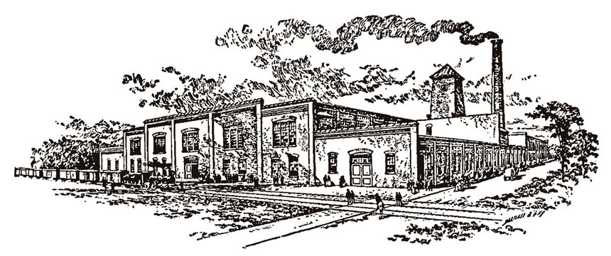 Exterior view of antique factory plant with people, train and smoking chimney