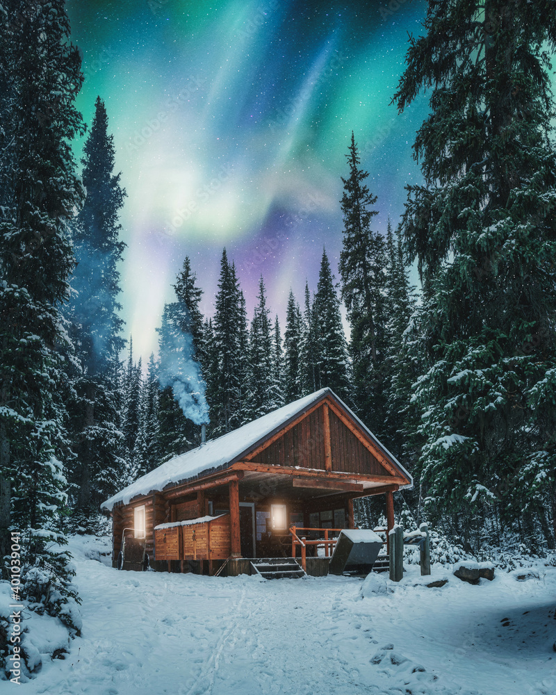Aurora borealis over wooden cottage with smoke on snow in pine forest ...