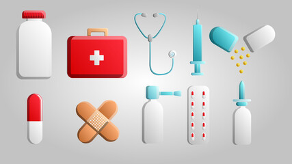 Wall Mural - Large set of 10 medical scientific medical items jar icons with tablets capsules first aid kits first aid kit stethoscopes syringes drops on a white background.  illustration