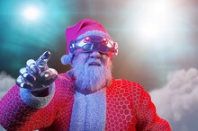 Santa Claus Dressed In Funny Glasses In The Style Of Cyberpunk 3d Render 