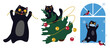 Set vector illustration. Safety of pets on New Year holidays. Funny cat drops Christmas tree. Crazy cat eats garland. Kitten in medical mask looking at birds in window.