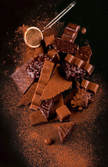 Poster - chocolate pieces and cocoa powder on wooden background