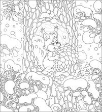 Fluffy Little Squirrel With A Big Pine Cone At Home In A Cozy Hollow On A Snow-covered Tree In A Thicket Of A Snowy Wild Forest On A Cold Winter Day, Black And White Vector Cartoon