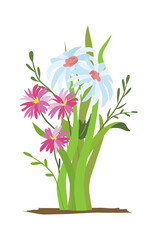  Flowerbed. Set of wild forest and garden flowers. Spring concept. Flat flower illustration isolate on a white background.