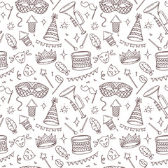 Carnival symbols, seamless pattern in doodle style on white background