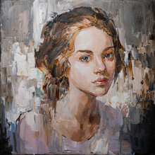 Portrait Of A Young, Dreamy Girl With Curly Brown Hair. Palette Knife Technique Of Oil Painting And Brush.