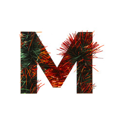 Letter M of English alphabet of red tinsel and paper cut isolated on white. Festive typeface for celebration design