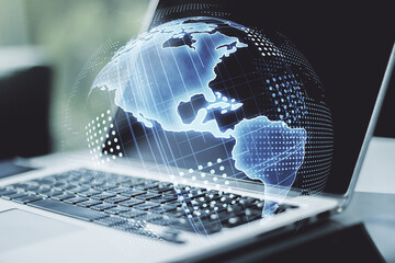 Wall Mural - double exposure of digital america map on laptop background, research and strategy concept