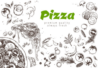 Wall Mural - Pizza line banner. Engraved style doodle background. Savoury pizza ads with 3d illustration rich toppings dough. Tasty banner for cafe, restaurant or food delivery service