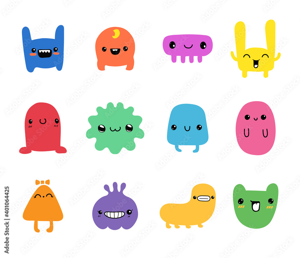 Hand drawn children's cute little doodle monsters. Trendy face emotions on simple  funny doodles for kids. Isolated vector set Stock Vector | Adobe Stock, image size:1000x860