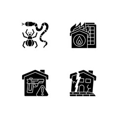 Sticker - Home hazards prevention black glyph icons set on white space. Dangerous animals. Home fire. Weapons storage. Dilapidated house. Exotic pets. Silhouette symbols. Vector isolated illustration