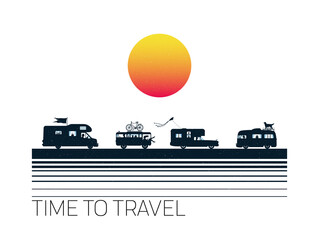 Sticker - Cars on road. Traveling in campers. Family road trip. White background