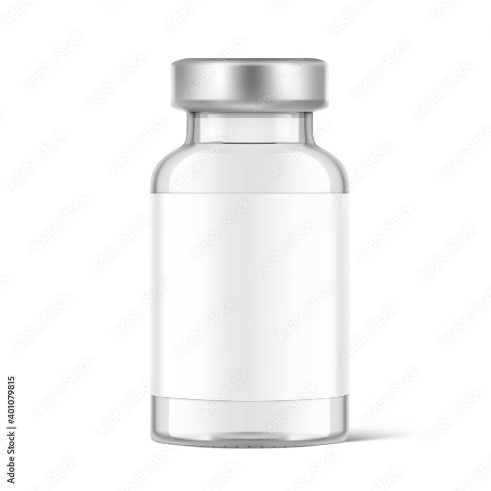 Transparent glass ampule for vaccine injections mockup. Vector illustration isolated on white background. Can be use for medicine, cosmetic and other. Ready for your design. EPS10.	 - obrazy, fototapety, plakaty 