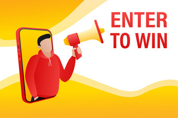 Template with enter to win man holding megaphone on white background for flyer design. Vector illustration in flat style.