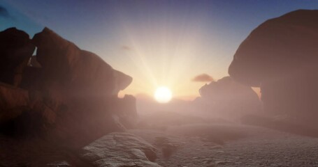 Wall Mural - spaceman visiting mars standing on red rocks watching dusty sunset in martian desert camera moving f