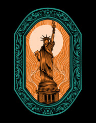 Wall Mural - Illustration vector Liberty statue with vintage engraving ornament on black background.