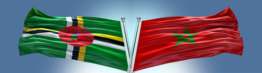 Double Flag Morocco vs Dominica flag waving flag with texture background