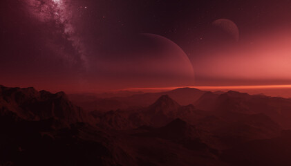 Wall Mural - 3d rendered Space Art: Alien Planet - A Fantasy Landscape with red skies and stars