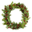 Natural wreath of coniferous branches, decorated with cones and berries, isolated on a white background. Christmas composition. Floral frame. Space for copy.