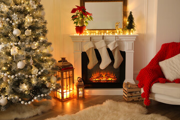 Fireplace in beautiful living room decorated for Christmas