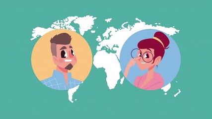 Sticker - young couple in earth planet characters animation