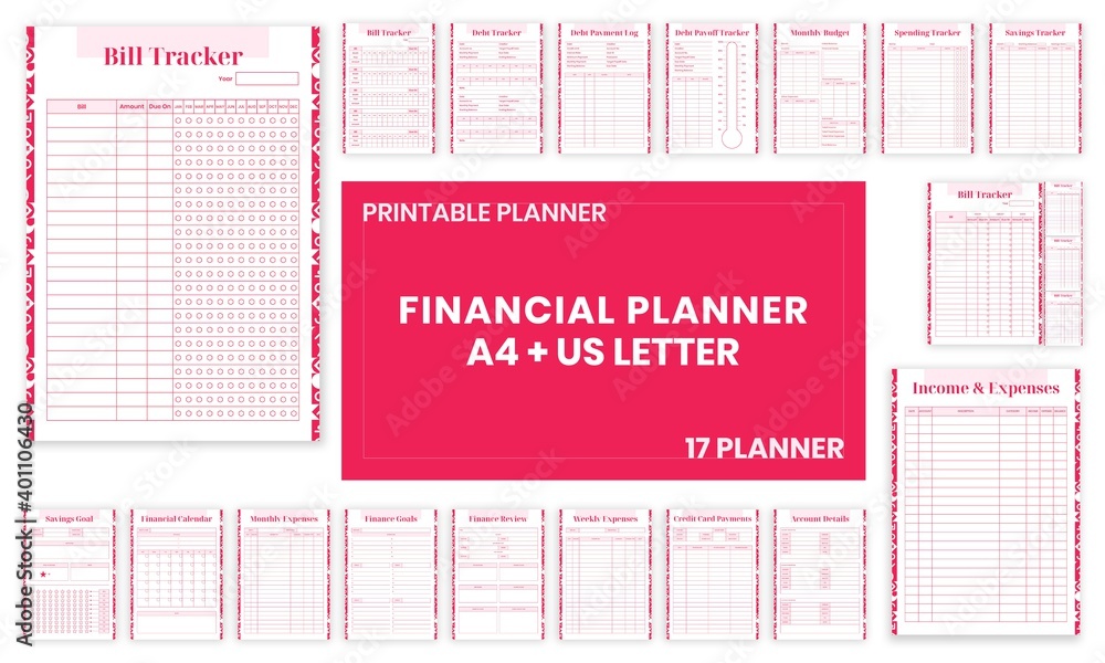 Beauty Pink Financial planner Bill,Debt,Payoff,Log,monthly,weekly,budget,Saving,Income,Expenses,Account,
Credit Card,Goal,Calendar,pages templates collection set of vector A4 and US Letter Ai, EPS 10 - obrazy, fototapety, plakaty 