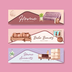 Wall Mural - Banner template with boho furniture concept design for advertise and marketing watercolor vector illustration