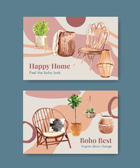 Poster - Facebook template with boho furniture concept design for social media and online marketing watercolor vector illustration