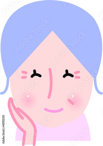 ほわほわタッチ イラスト ベクター カット かわいい お年寄り 高齢者 60代 70代 年配 笑顔 上半身 カット 女性 白髪 笑顔 紫 ショートカット おばあちゃん 祖母 Wall Mural 美央 品川
