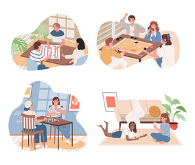 set of people playing board games. friends, men and women playing table games indoor in living room.