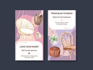 Poster - Instagram template with boho furniture concept design for social media and online marketing watercolor vector illustration