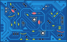 The Computing Module Circuit Board. Blue Graphics Video Card. Printed Computer Motherboard With Microcircuit. Electronic Vector Background