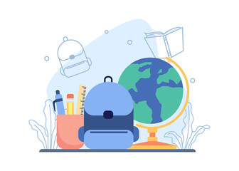 Wall Mural - Back to school concept. Bag School, pencil and earth globe. education and learning icon. suitable for landing page, mobile app, sticker, poster, flyer, article, and banner. vector