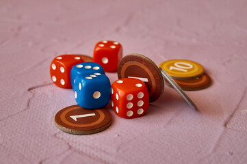 cards and dice. Components of a Board game. Type of hobby and family leisure