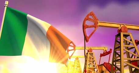 Wall Mural - Ireland flag on background of oil wells