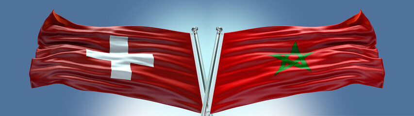 Double Flag Morocco vs Switzerland flag waving flag with texture background